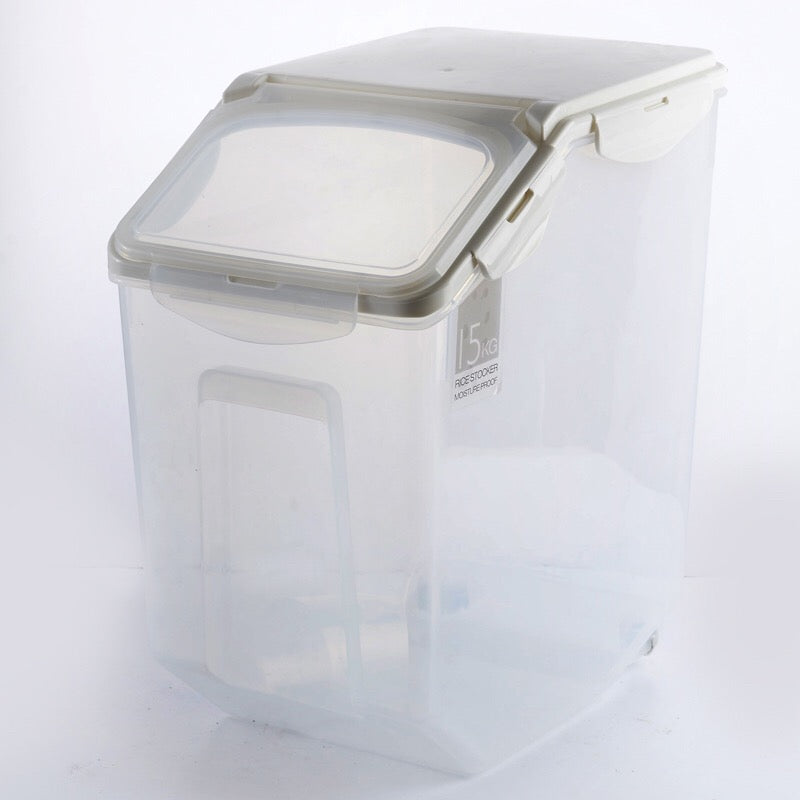 10KG/15KG White Plastic Rice Pet Food Grain Container Kitchen.